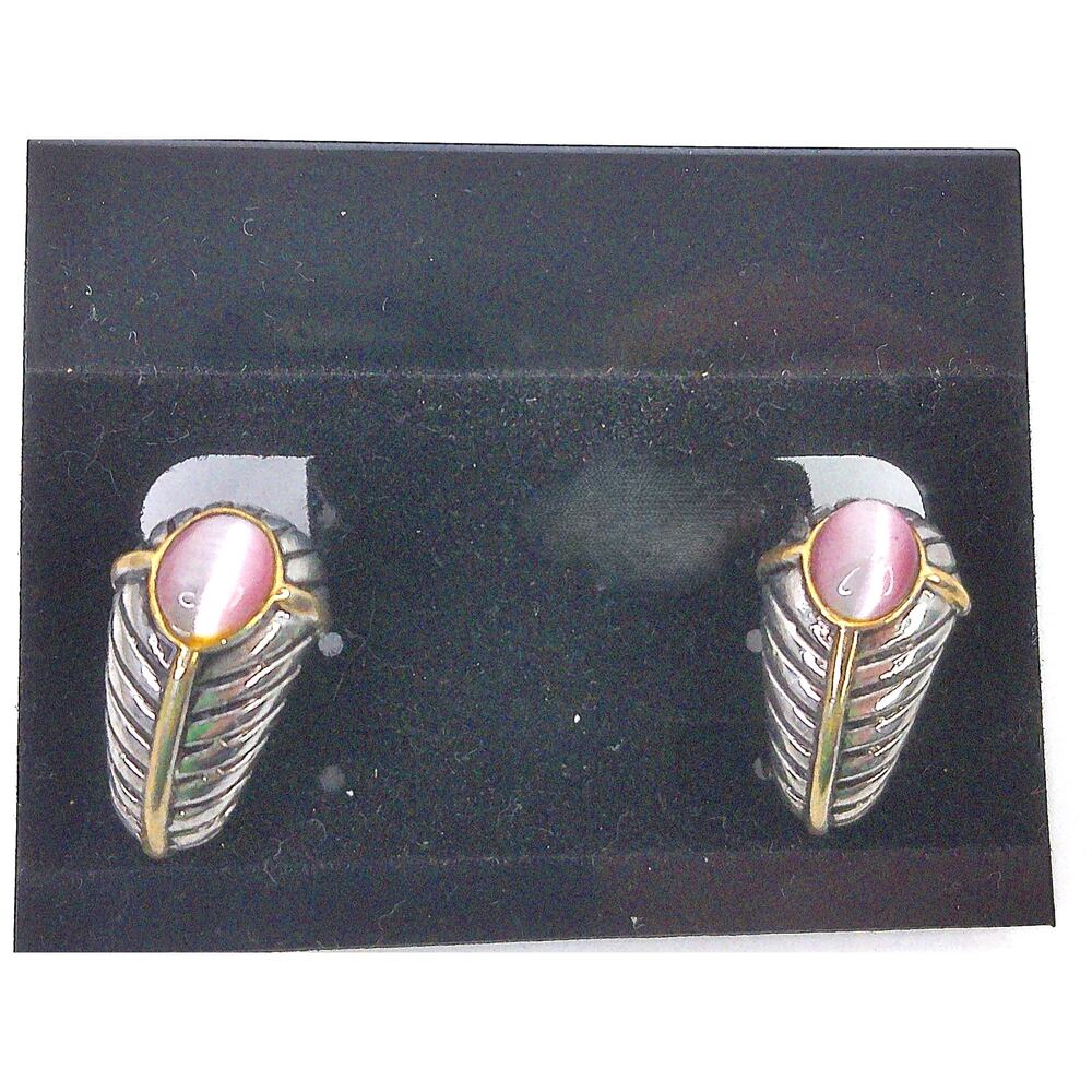 Vintage Modernist Ribbed Clip on Earrings Pink Cats Eye Cabochon Brutalist